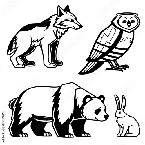 Vector illustration of wildlife animals including fox owl bear and rabbit black and white line art drawing