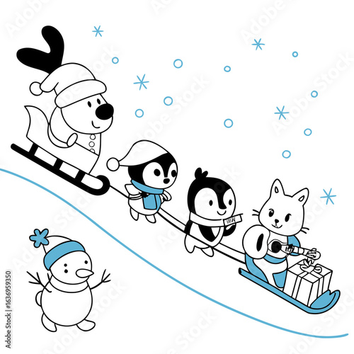 Cute winter holiday scene with dog penguins cat and snowman sledding through snow for christmas celebration