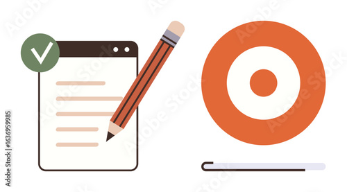 Checklist with pencil, verified item, and target symbolizing planning, goal achievement, and focus. Ideal for productivity, organization, project management, success motivation prioritization