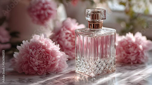 Fototapeta Naklejka Na Ścianę i Meble -  Perfume bottle with pink peonies