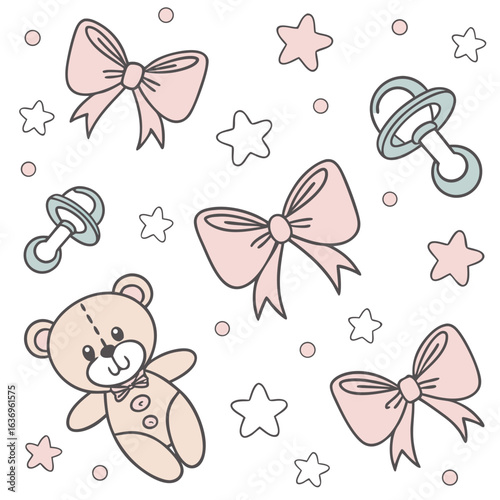 “Seamless pastel pattern with cute bows, teddy bears, pacifiers, stars, baby rattles and soft ribbons — perfect for baby shower prints and kids apparel, vector flat design.”
