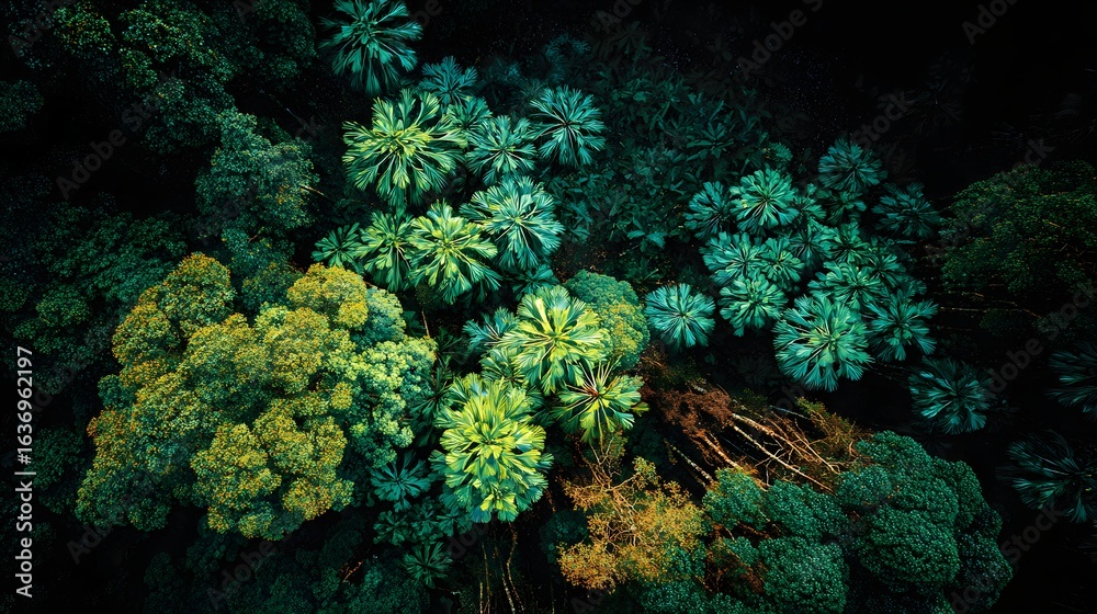 Obraz premium Verdant Canopy A Tapestry of Greens and Golds From Above A Tropical Paradise of Flora Abundance