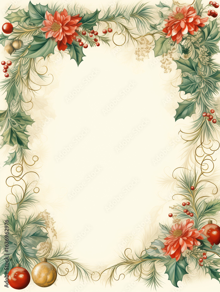 Fototapeta premium Elegant Christmas floral frame with poinsettias and ornaments