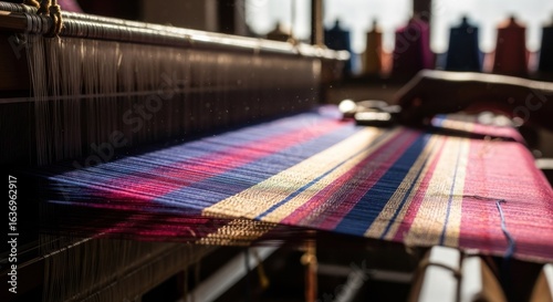 Close-up of a loom with vibrant textiles being woven