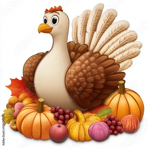 Cartoon turkey with pumpkins and fruits. Cute cartoon turkey surrounded by pumpkins, fruits and autumn leaves on white background