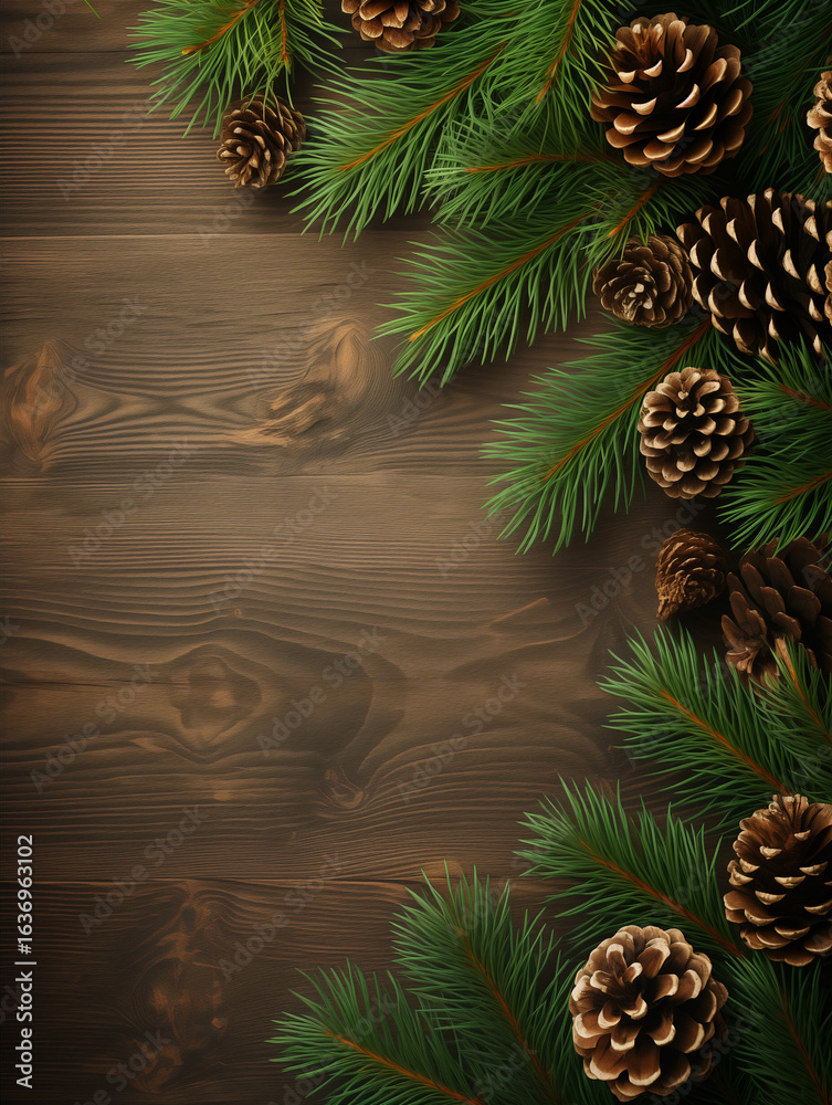 Naklejka premium Festive Christmas Background Tree Branches and Pine Cones Border Design