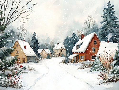 Winter Christmas Village Scene in Watercolor