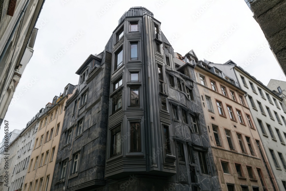 Fototapeta premium In a picturesque urban alleyway in Germany, striking modern architecture vividly contrasts with the surrounding traditional buildings as twilight descends
