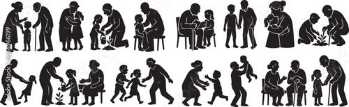 Collection of Simple Black Silhouettes:  Families, Generations, and Intergenerational Connections.