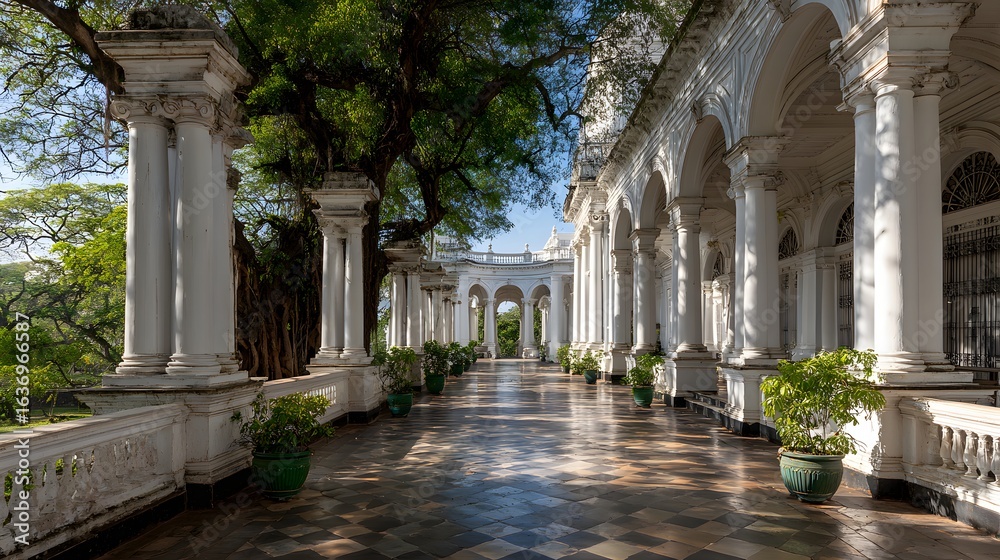 Obraz premium A colonnaded walkway under lush trees.
