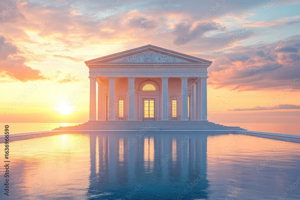 Obraz premium Architectural wonder by the sea, bathed in the warm glow of a breathtaking sunset reflecting on the water.