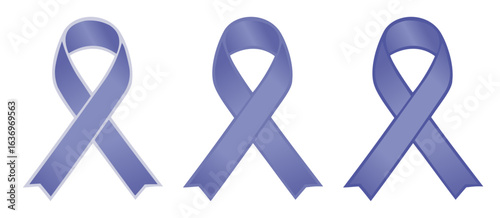 Set of three periwinkle color awareness ribbons representing stomach and esophageal cancer, eating disorders and pulmonary hypertension decease campaigns , flat vector on transparent background