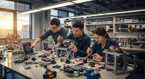 Students collaborating on robotic projects in a modern lab