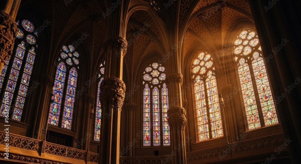 Fototapeta premium Sunlight streams through stained glass windows in a grand church interior