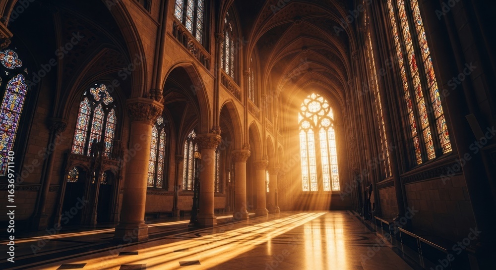 Obraz premium Sunlight streams through stained-glass windows in a grand cathedral