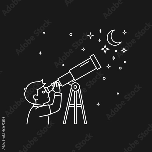 Inspiring young astronomer gazing at the night sky through a telescope, discovering the moon and stars, sparking curiosity and wonder, perfect for educational materials