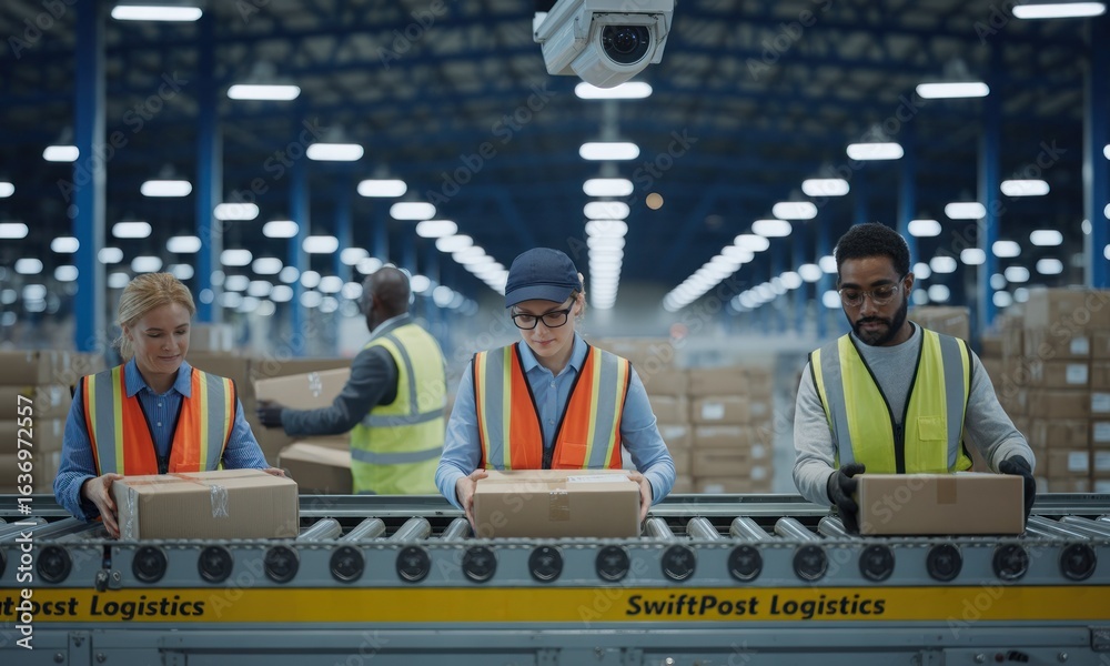 Obraz premium Warehouse workers sorting packages on a conveyor belt. High-tech facility