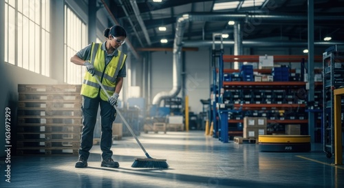 Woman cleaning factory floor with broom
