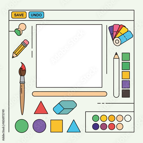 Create stunning digital art with this design interface featuring a blank canvas, paint tools, geometric shapes, and a vibrant color palette for endless creative possibilities