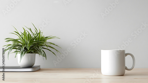 Wallpaper Mural Minimalist White Desk Setup with Green Plant and Mug Torontodigital.ca