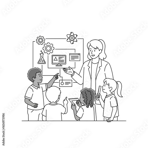 Engaging STEM learning with enthusiastic students and supportive teacher exploring science concepts, fostering curiosity and inspiring future innovators in education