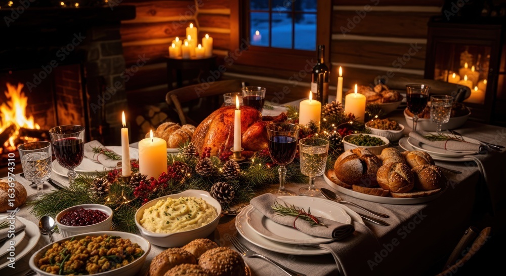 Fototapeta premium Festive table set with holiday dinner by fireplace, log cabin setting