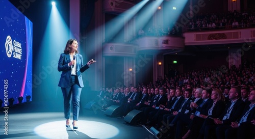 Woman on stage, speaking to large audience in auditorium.  Bright spotlights illuminate the speaker.  Event backdrop displays conference logo