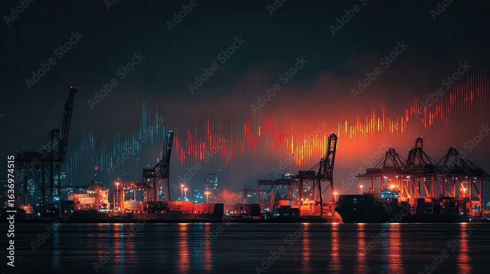 Naklejka premium Nighttime industrial landscape with cranes and colorful light patterns over the harbor