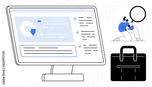 Computer monitor with graphs and tasks, man with magnifier analyzing data, black briefcase. Ideal for data analysis, market research, productivity, business strategy, digital tools, professional