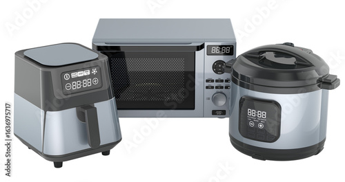 Fotografie Air fryer, microwave oven and multi cooker set. 3D rendering