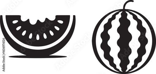 Black silhouette icons of a whole watermelon and a slice with a bite. Minimalist vector graphic for summer food concepts.