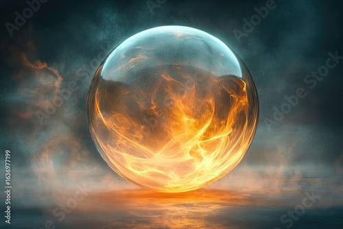 A mesmerizing translucent orb filled with swirling golden fire-like energy, set against a misty, atmospheric dark background.