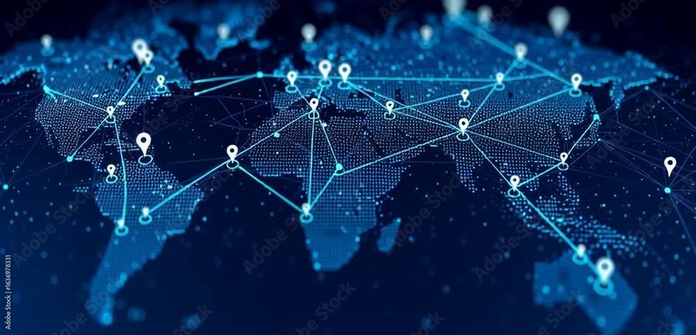 Abstract digital map of the world with pins or markers on global locations, blue background for business and technology concepts Generative AI