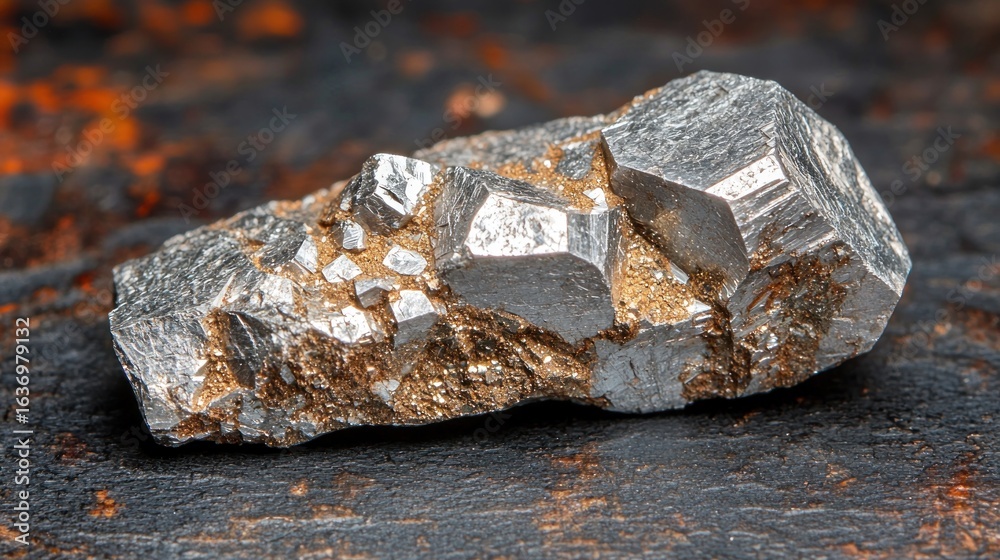 Fototapeta premium Metallic mineral, jagged edges, rests on textured dark surface, rust accents