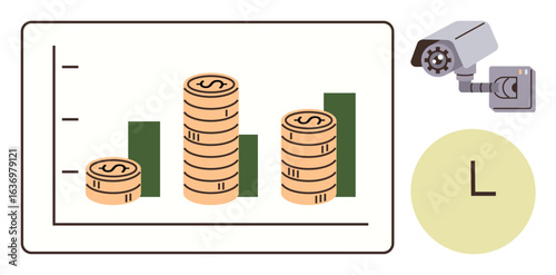 Bar graph with coin stacks symbolizing financial growth, security camera representing monitoring, and clock for time. Ideal for finance, investment, monitoring, security, tracking, analytics