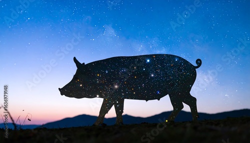 Silhouette of a pig against a starry night sky