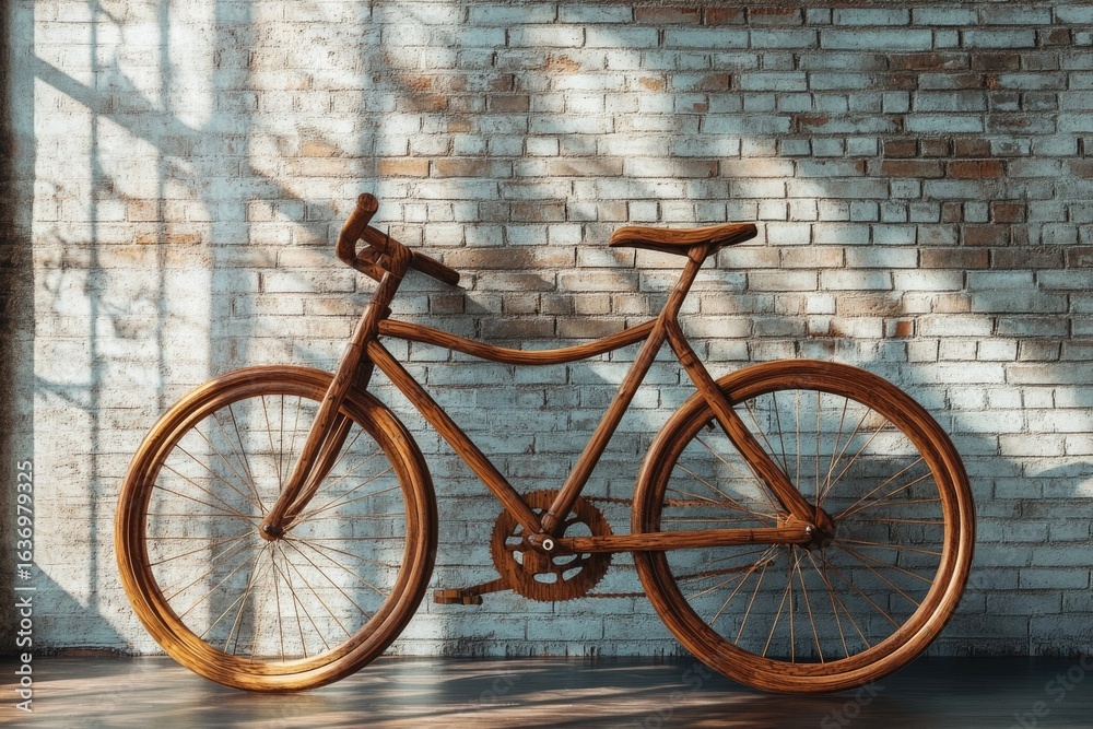 A beautifully crafted wooden bicycle stands against a rustic brick wall, bathed in soft, diffused sunlight. A beautifully crafted wooden bicycle stands against a rustic brick wall, bathed in soft, diffused sunlight.