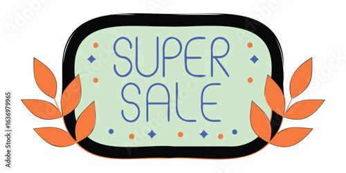 Super Sale banner with bold text and decorative leaf accents