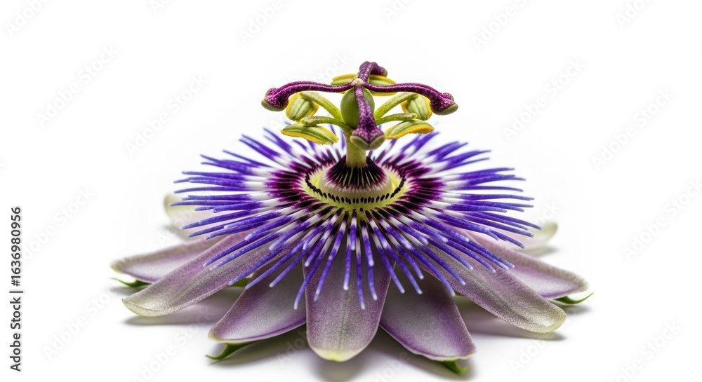 Obraz premium Passionflower isolated on white, with vibrant purple and green details