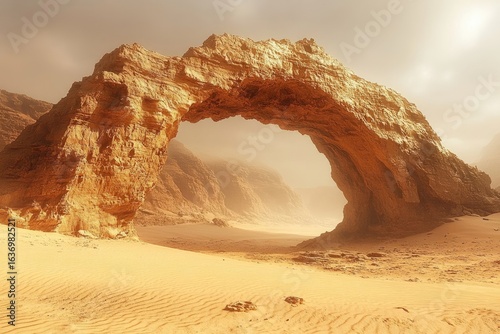 A majestic natural arch carved from sandstone dominates a desert landscape under a hazy, sun-drenched sky, creating a scene of arid beauty.