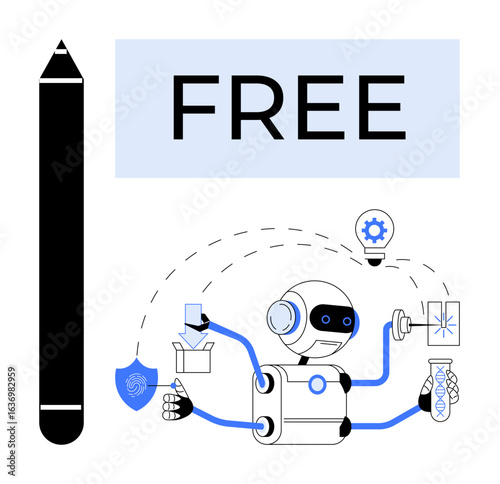 Robot efficiently multitasking with tools, shield, bulb, and pencil symbolizing creativity, security, and innovation. Ideal for technology, AI, automation creativity productivity problem-solving