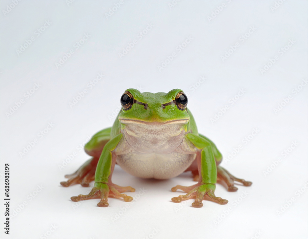 Obraz premium Close-up of a Vibrant Green Tree Frog on a White Background