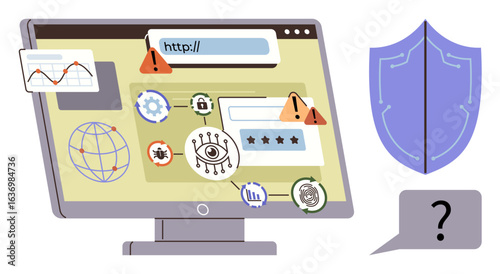 Digital monitor with warning signs, attack icons, shield imagery, and question mark. Ideal for cybersecurity, internet safety, hacking prevention, malware, online security awareness threat