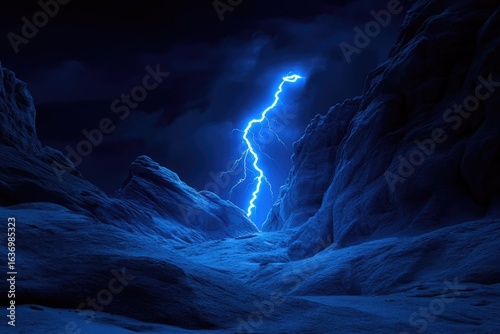 Dramatic lightning strikes between snowy mountain peaks under a dark, cloudy night sky, creating a powerful and captivating scenery.