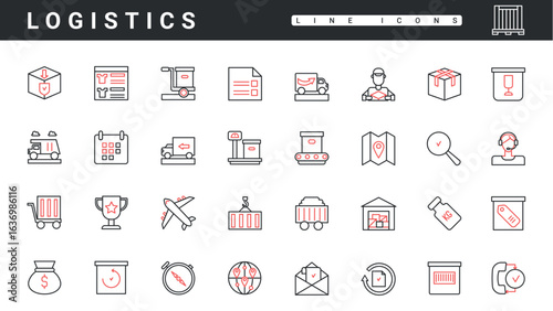 Logistics, delivery and distribution service thin red and black line icons set vector illustration. Abstract warehouse and box storage, international freight cargo shipment, merchandise and support
