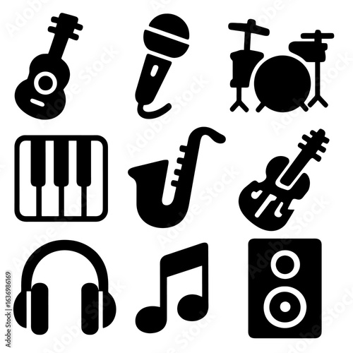 Set of 9 solid black instrument icons including drum set, saxophone and piano keys. Clean filled vector, thick lines, transparent background.