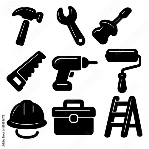 Black filled construction icons: hammer, wrench, drill and more. Bold silhouette vector perfect for hardware branding, building projects and repair services.