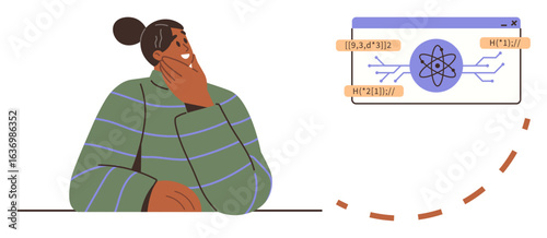 Person thinking deeply while observing a digital atomic model on a screen. Ideal for education, innovation, technology, learning, research, science communication, simple flat metaphor