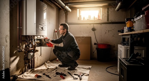A worker in a basement, repairing a gas boiler.  Sunlight streams in.  Tools and supplies are visible