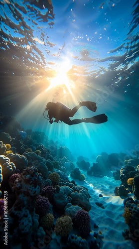 A scuba diver swimming above an underwater coral reef generative ai